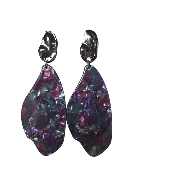Acrylic Marbled Dangle Earrings Purple Teal Silver Tone - Picture 1 of 4